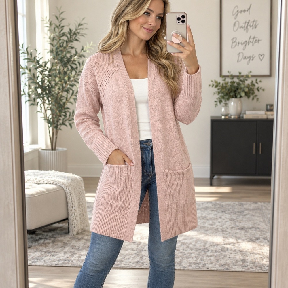 Hannah Womens S Pink Longline Open Front Cardigan Sweater Pockets Knit
